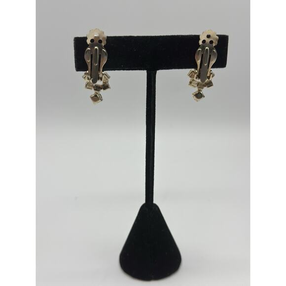 VTG Mid Century AB Aurora Borealis Rhinestone Clip On Dangle Earrings Gold Tone - Picture 3 of 4